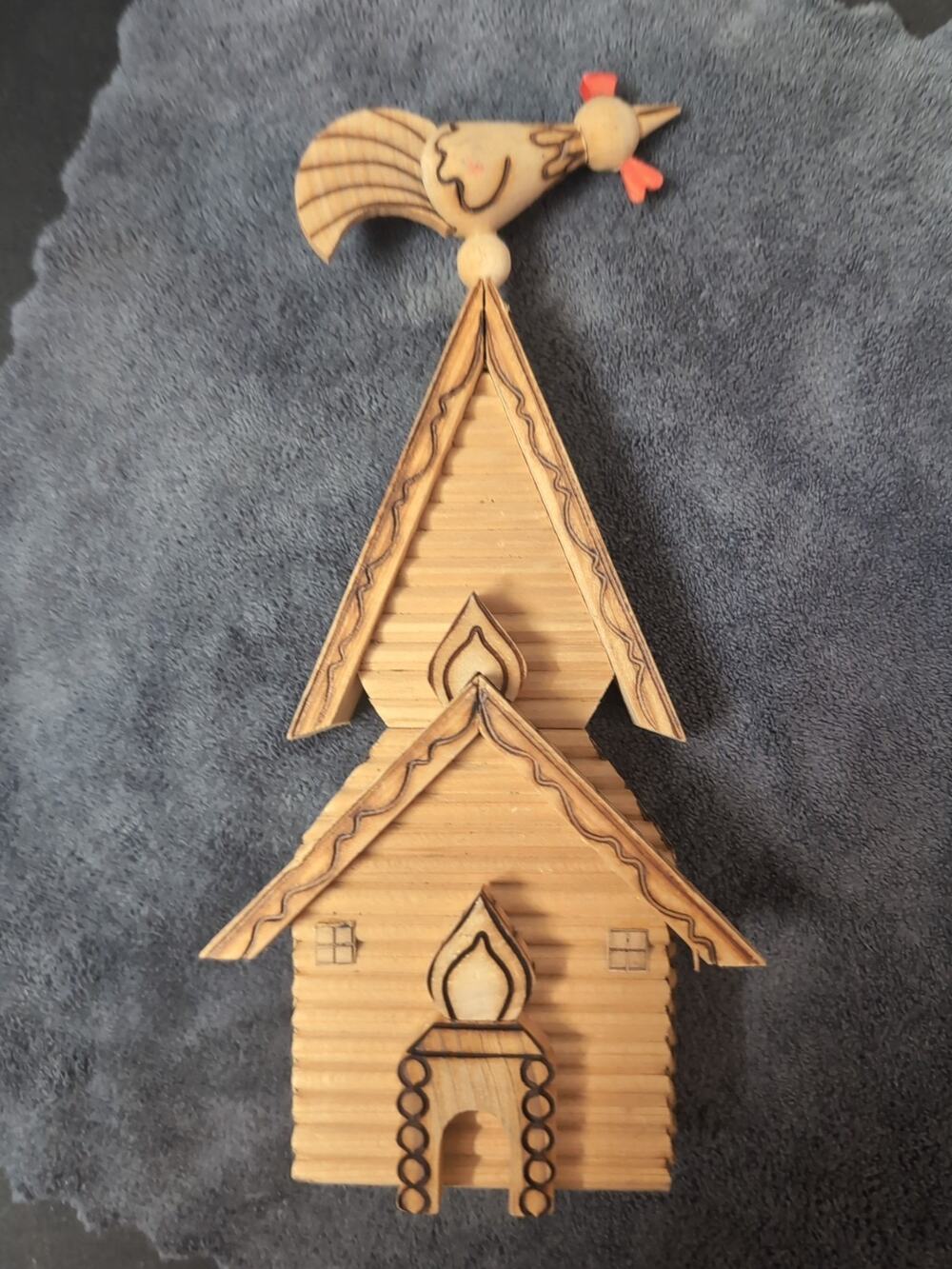 Vintage 1979 Russian Wooden Folk Art House Church Souvenir Teremok Rooster 🐓
